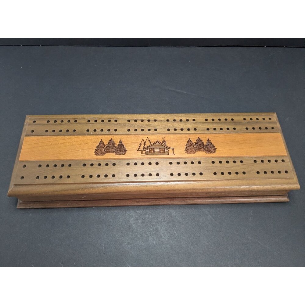 Wood n Things Log Cabin Cribbage Board With Carved Pine Trees & Storage For Pegs